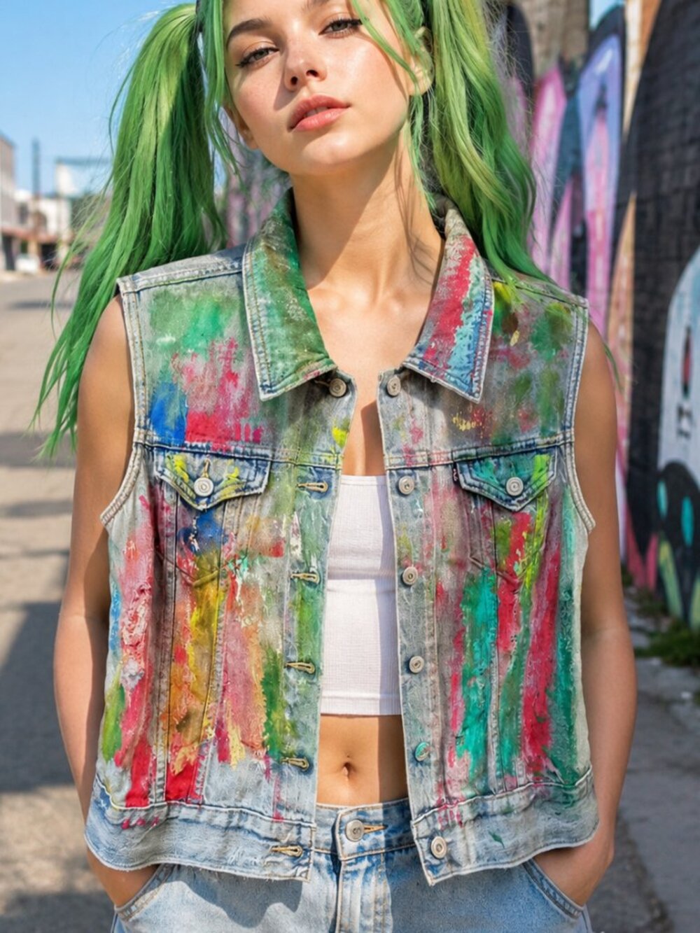 Levis denim Vest Size Medium Hand Painted Jean Distressed painterly Art Abstract